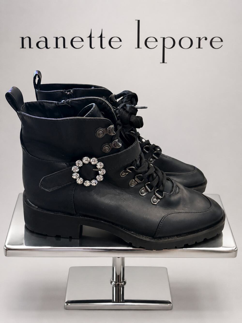 Nanette Lepore Irina Hiker Boots Black Jeweled Buckle Lace Up Size 8.5M